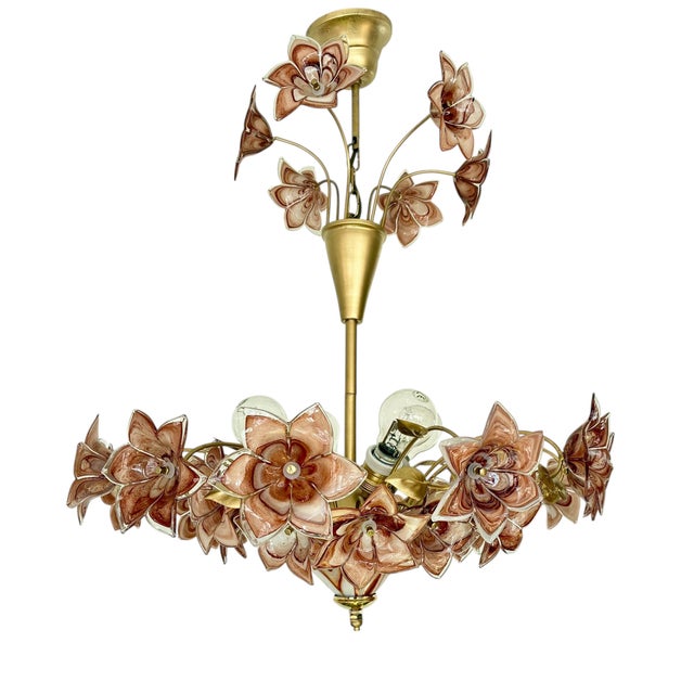 Brown Large Murano Style Brown Flower Bouquet Chandelier With 4 E27 Bulbs. Hand-Blown Glass Flowers, Restored , Rare Italian Vintage For Sale - Image 8 of 17