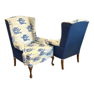 Chinoiserie and Scalamandre Queen Anne Wingback Chairs - a Pair For Sale