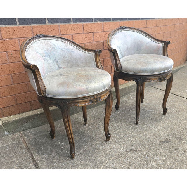 Pair Régence Style Fruitwood and Upholstered Swivel Bergere Chairs For Sale In Washington DC - Image 6 of 8