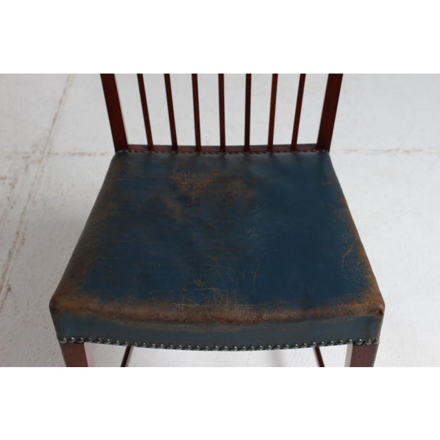 Brown Vintage Dining Chairs in Mahogany with Blue Leather Seats from Fritz Hansen A/S, 1940s, Set of 8 For Sale - Image 8 of 18