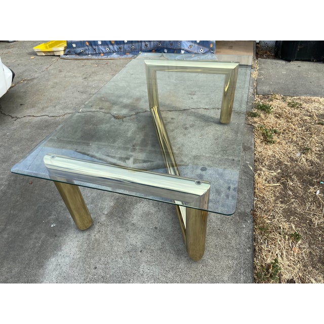 1970s Attributed to Karl Springer Hollywood Regency Style MCM Brass Tubular Coffee Glass Table For Sale - Image 15 of 18