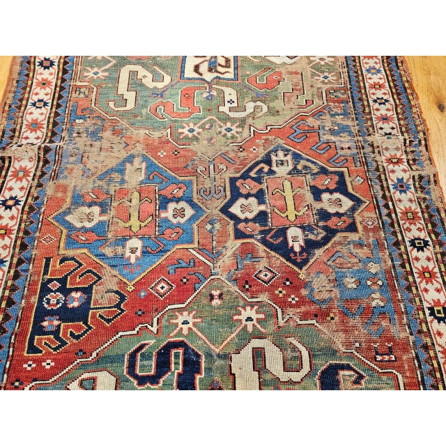 Mid-19th Century Caucasian Cloudband Karabagh Carpet, Hand-Knotted Wool, Green & Blue, 5' x 9' For Sale - Image 16 of 17