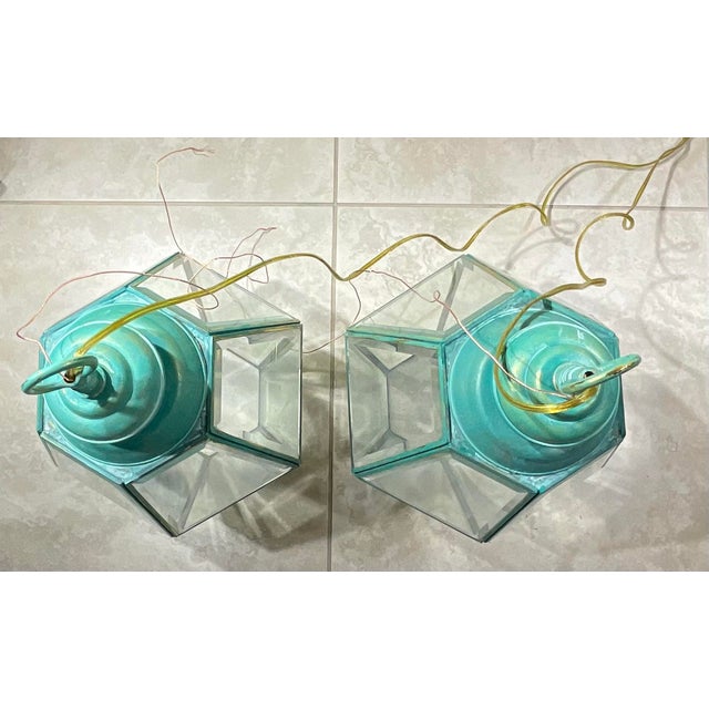 1980s Stunning Pair of Vintage Solid Brass & Glass Geometric Hanging Lanterns - a Pair For Sale - Image 11 of 16