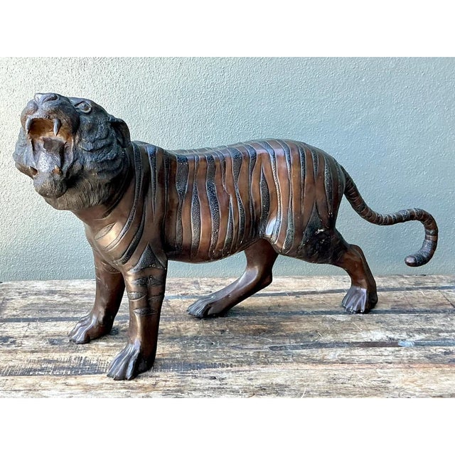 Hollywood Regency Vintage Bronze Tiger Sculptures - A Pair For Sale - Image 3 of 12