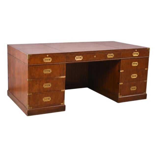 1970s Baker Furniture Co. Campaign Style Burl Walnut Executive Desk For Sale