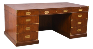 1970s Baker Furniture Co. Campaign Style Burl Walnut Executive Desk