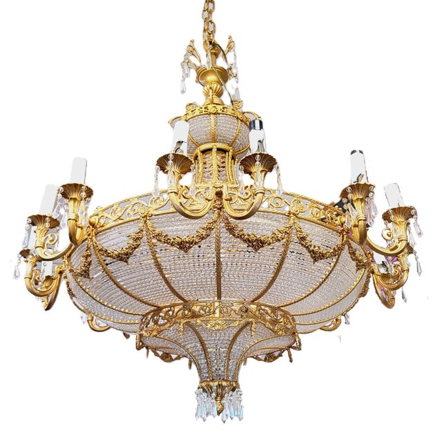 French Palatial Vintage French Style Bronze & Crystal Basket Chandelier For Sale - Image 3 of 18