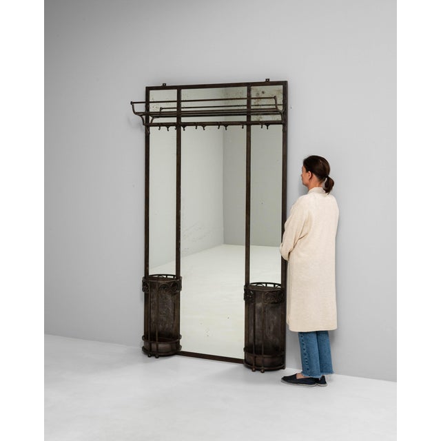 Art Nouveau 1910s French Wrought Iron Mirror With Coat Rack & Stand For Sale - Image 3 of 18