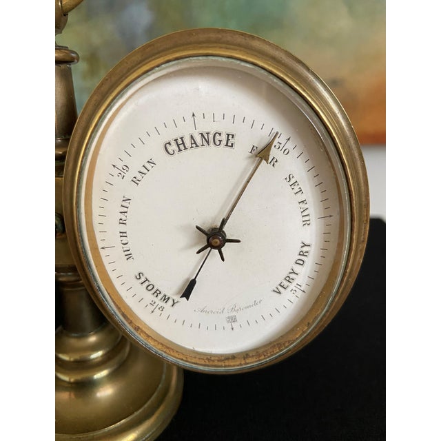 19th Century Antique Brass-Cased Desk Clock and Aneroid Barometer C. 1870 - Architectural and Twin-Dial Instrument For Sale - Image 5 of 9