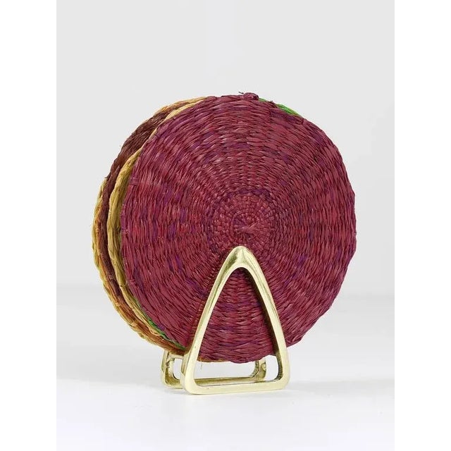Gold Brass Coaster Stand with Colorful Coasters from Hagenauer, Austria, 1950s, Set of 7 For Sale - Image 8 of 11
