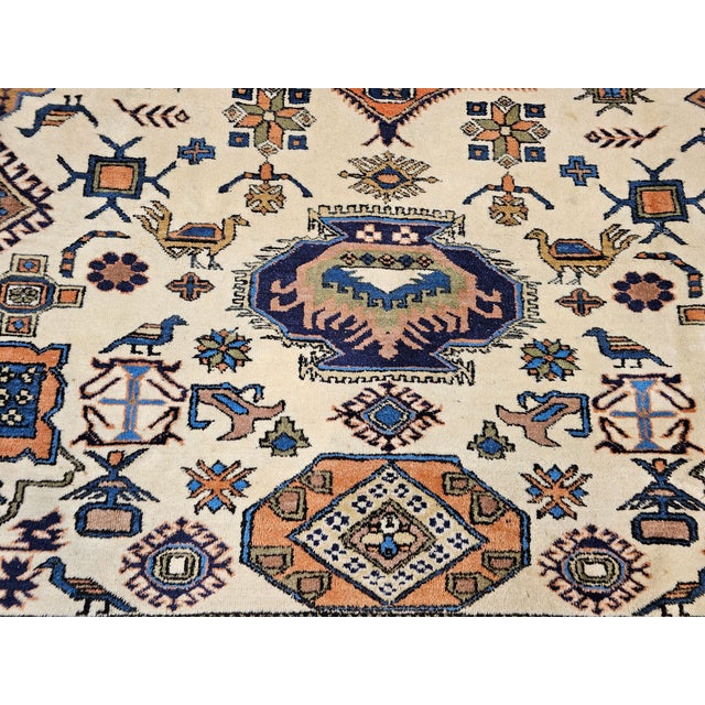Vintage Room Size Ardabil Rug in Geometric Pattern in Ivory, Brick, Pale Blue, Olive For Sale In Chicago - Image 6 of 16