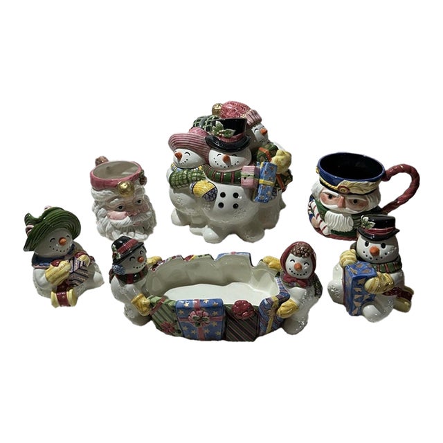 1990s Fitz and Floyd Christmas Set! Festuring Mugs, Cookie Jar, Milk and Sugar Jar With Tidbits Dish - 6 pcs For Sale