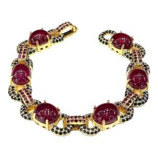 Bochic Capri Vintage Ruby & Blue Sapphire Bracelet, 18K Gold & Silver For Sale
