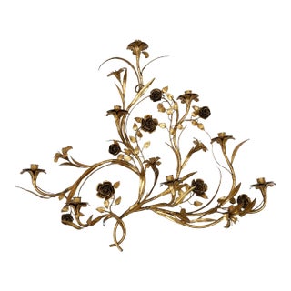 1960s Italian Neo-Classic Gilt Metal Floral Wall Decoration With Candleholder Cups For Sale