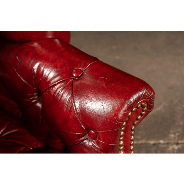 Vintage Leather Chesterfield Wingback Chair With Ottoman in Red by Ethan Allen For Sale - Image 9 of 13