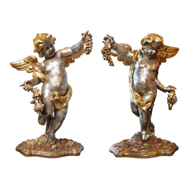 Mid 18th Century Rococo Carved Giltwood Putti Harvesting Grapes - a Pair For Sale