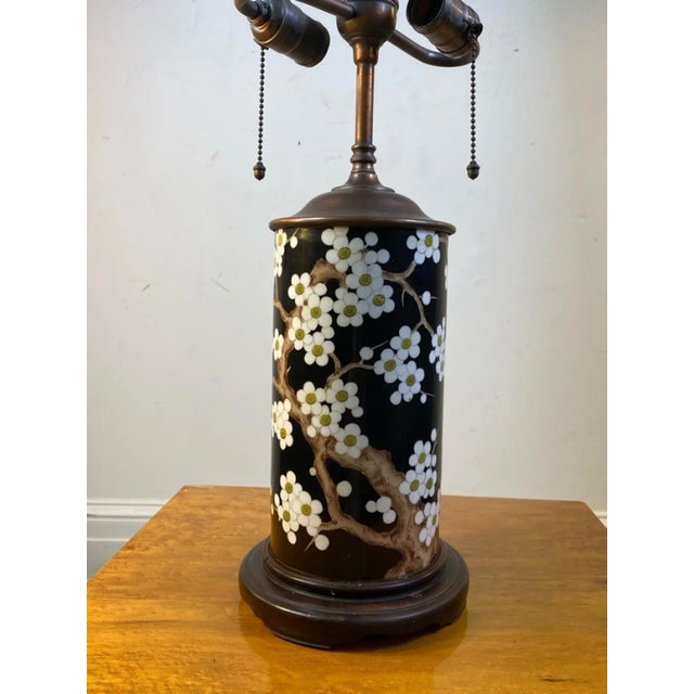 1920s Antique Chinese Cherry Blossom Pattern Ceramic Lamp For Sale - Image 4 of 9