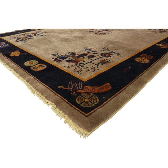 Distressed Antique Chinese Peking Rug with Traditional Chinoiserie Style 08'10 x 11'06. This hand-knotted wool Distressed...