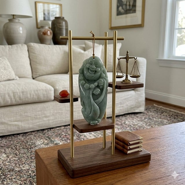 Jade Stone Carved Light Green Happy Buddha, Laughing Buddha Figure For Sale In San Francisco - Image 6 of 6