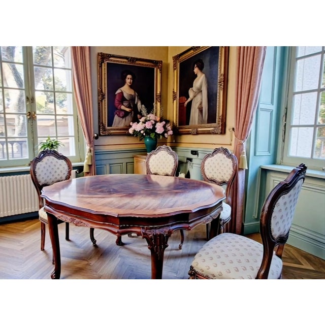 Antique Early 20th Century Louis XVI French Château Dining Room Set in Mahogany Inlaid and Walnut, Set of 5 For Sale - Image 9 of 17