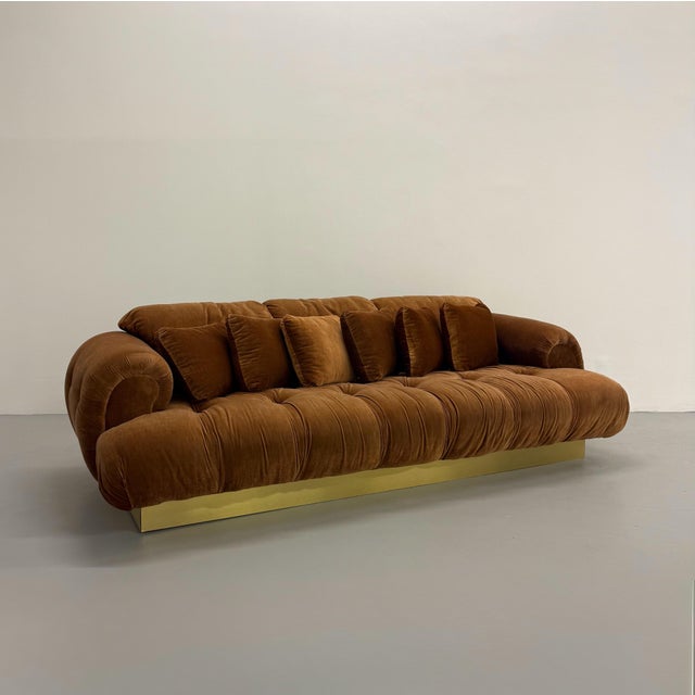 Textile Vintage MCM Brass Plinth Sofa For Sale - Image 7 of 8