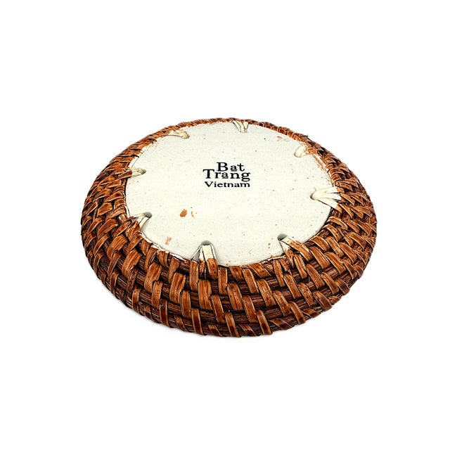 Asian Moder Bat Trang Vietnam Rattan & Ceramic Coasters With Hand Painted Red Lotus Floral Motif - Set of 4 For Sale In New York - Image 6 of 7