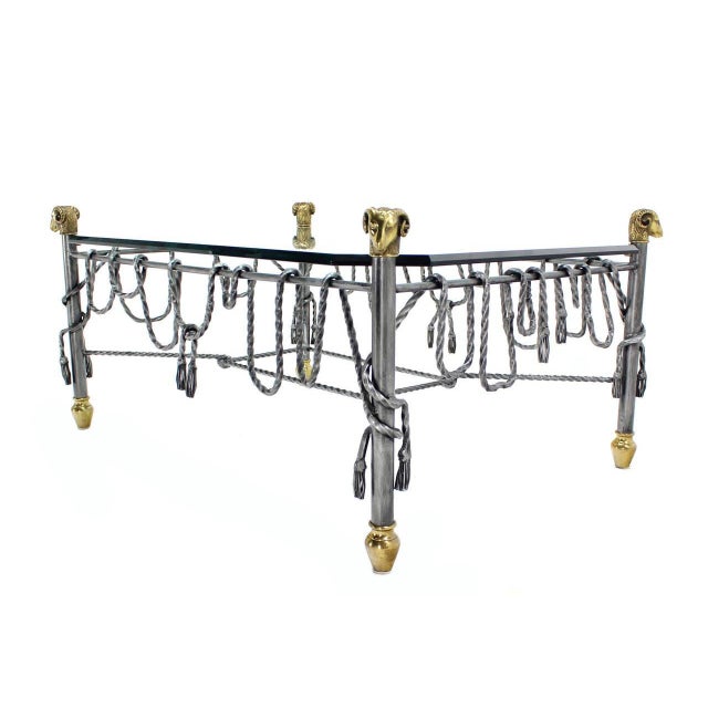 Early 20th Century Ornate Wrought Iron Brass Ram Head Motive Glass Top Rectangle Coffee Table For Sale - Image 5 of 9