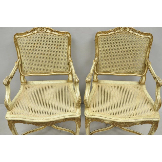 Vintage French Louis XV Style Cream Painted Carved Wood Cane Arm Chairs - A Pair For Sale - Image 15 of 18
