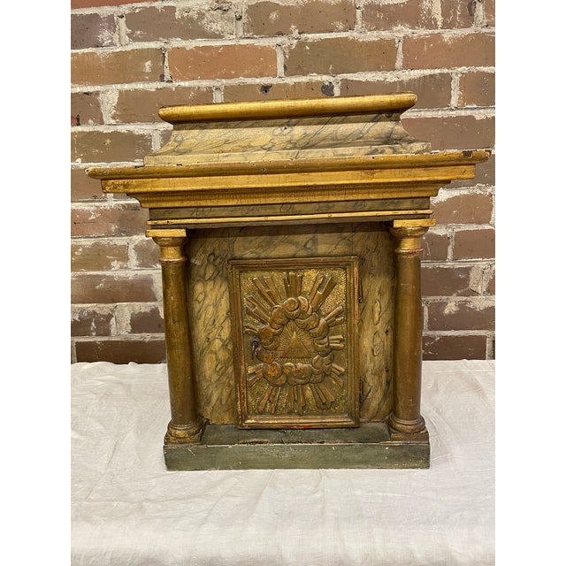 Originally used as a sacred church sanctuary piece, this tabernacle features a classical temple silhouette with two...