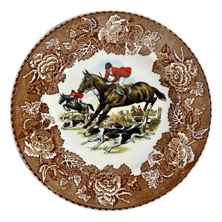 Vintage English Fox Hunt Scene Plate With Brown Floral Transferware Border For Sale