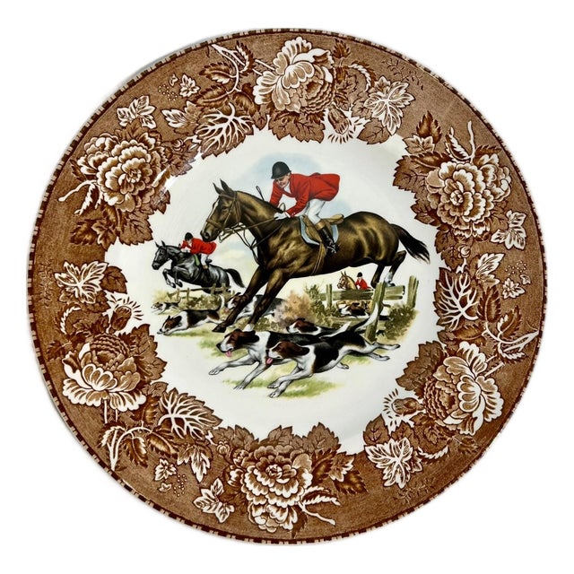 Vintage English Fox Hunt Scene Plate With Brown Floral Transferware Border For Sale
