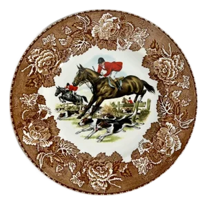 Vintage English Fox Hunt Scene Plate With Brown Floral Transferware Border