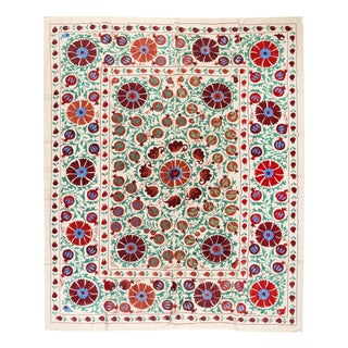 6.8x7.9 Ft Uzbek Wall Hanging. Embroidered Bed Cover. Cotton & Silk Tablecloth For Sale