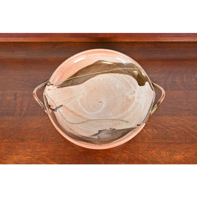 Large Painted Glazed Ceramic Studio Pottery Bowl With Handles From