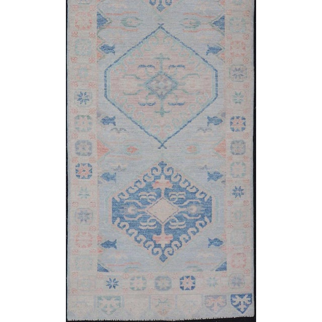 Early 21st Century Modern Oushak Medallion Design Runner With Light Blue Color by Keivan Woven Arts For Sale - Image 5 of 11