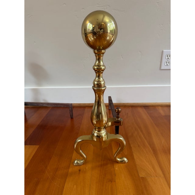 Vintage Brass Cannonball Andirons with 4-Piece Fireplace Tool Set and Howes-Marked Stand, Made in USA Description A...