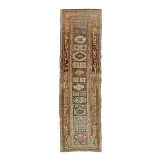 Geometric Antique Heriz Wool Runner in Blue and Orange For Sale