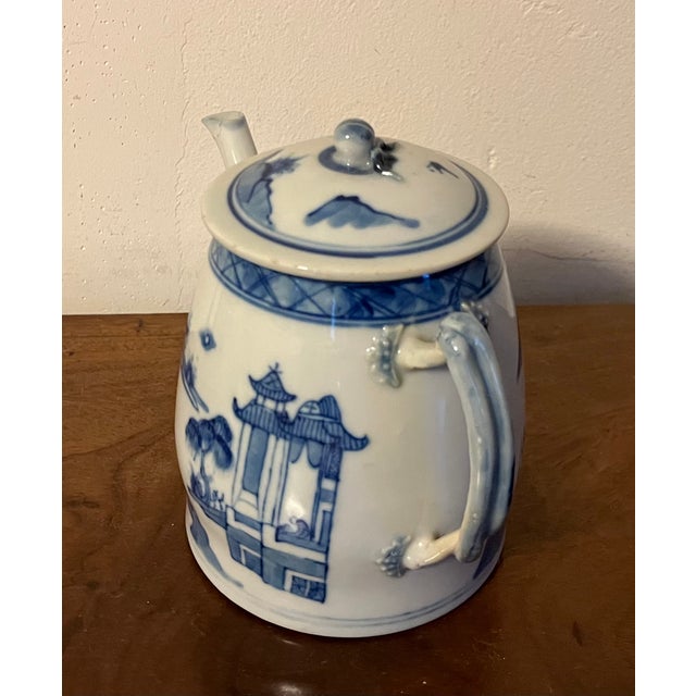 Blue Antique 19th Century Chinese Export Blue & White Canton Porcelain Tea Pot For Sale - Image 8 of 12