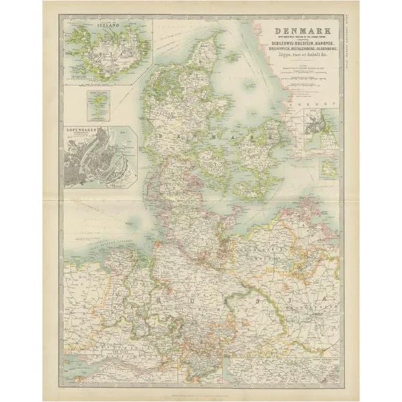 Antique Map of Denmark by Johnston, 1909 For Sale