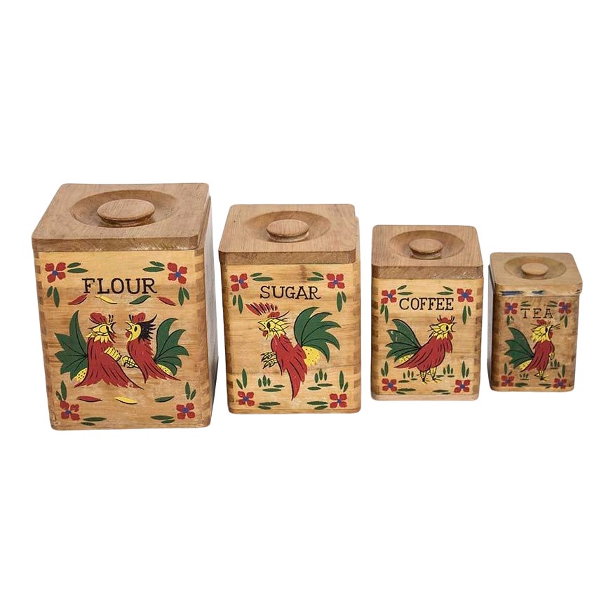 Mid-Century Wooden Rooster Canister Set of 4 - Kitchen Storage