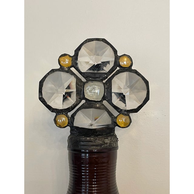 1990s Vintage Arts & Crafts Decorative Amber Art Glass & Cut Crystal Bottle Styled After Karla Walz For Sale - Image 5 of 9