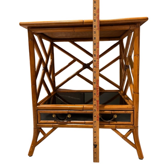 Tan 1970s Vintage Bamboo, Leather and Black Lacquer Side Table or Small Bar Regency Chinoiserie Style For Sale - Image 8 of 10