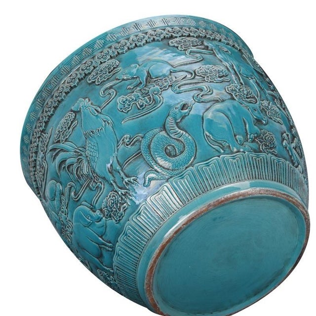 Chinoiserie Early 21st Century Jingdezhen Hand Carved Ceramic Turquoise Blue Planter With Zodiac Motif For Sale - Image 3 of 10