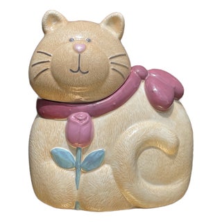 Vintage Treasure Craft Ginger Cat Cookie Jar W/ Flower by Susan Marie For Sale