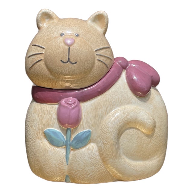 Vintage Treasure Craft Ginger Cat Cookie Jar W/ Flower by Susan Marie For Sale