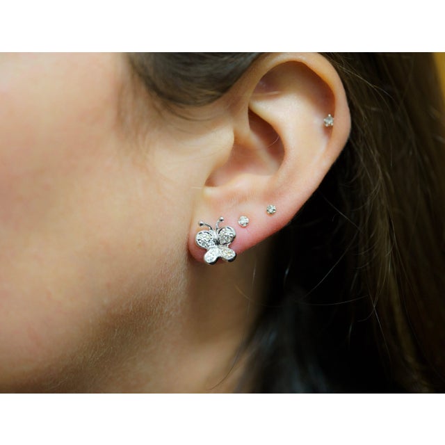 Metal 14K Solid White Gold Natural Diamond Cluster Butterfly Stud Earring For Sale - Image 7 of 8
