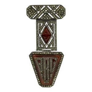 French Art Deco Marcasite Lapel Pin Initial Brooch with Carnelian Glass