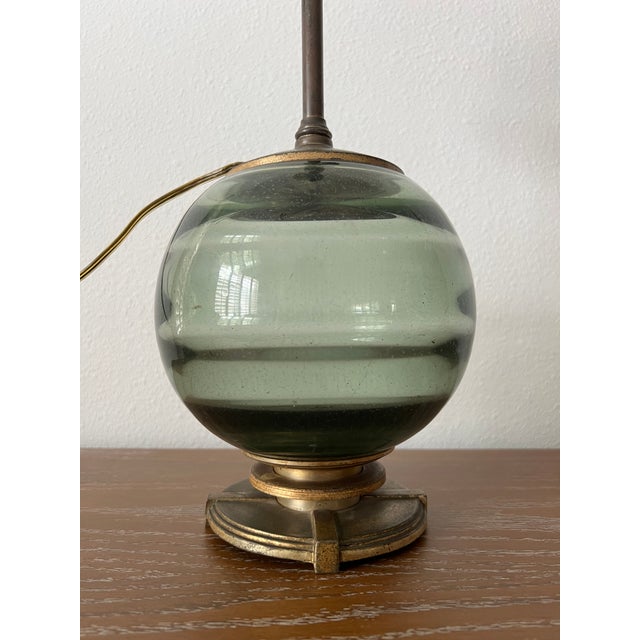 Petite 1930s Art Deco Smoke Blue-Green-Grey Art Glass Table Lamp With Patinated Metal Base For Sale - Image 10 of 11