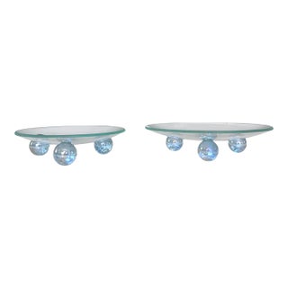 Vintage Postmodern Pedestal Glass Candle Stands Risers With Tripod Iridescent Orb Bases- Set of 2 For Sale