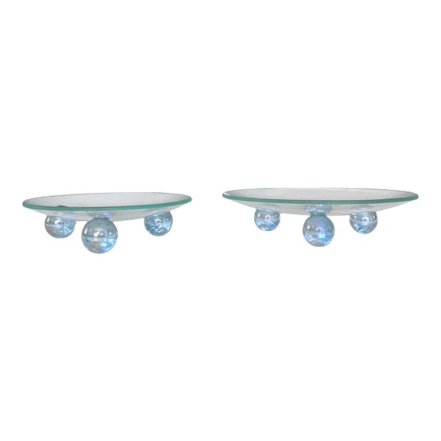 Vintage Postmodern Pedestal Glass Candle Stands Risers With Tripod Iridescent Orb Bases- Set of 2 For Sale